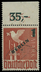 1 DM auf 3 M. Grünaufdruck 1949, gestempeltes Pracht-Oberrandstück ...